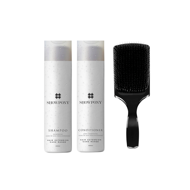 Produktpakke (indeholder 1 stk. shampoo, 1 stk. conditioner og 1 stk. paddle brush)